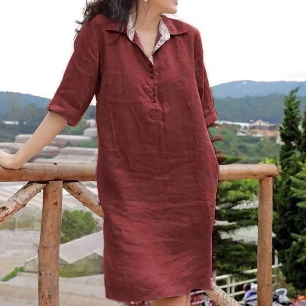 Retro Texture Solid Color Loose Dress Buttons Neckline Half Sleeve V-neck Lapel Shirt Dress Party Beach Female Midi Dress
