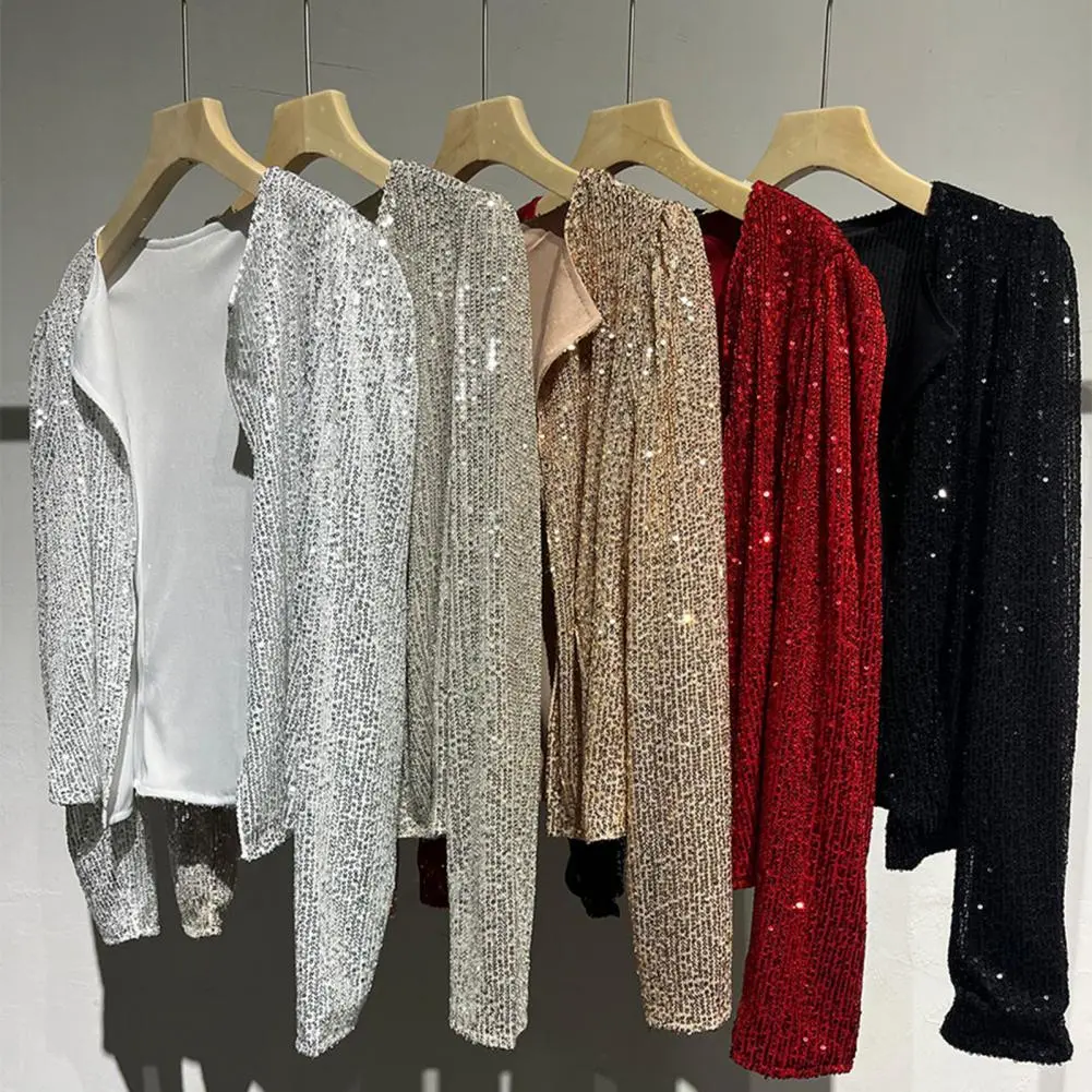 Chic Sequin Women Jackets Fashion Sparkly Glitter Office Lady Short Coat Slim Fit Open Front Cardigan Jacket Outwear