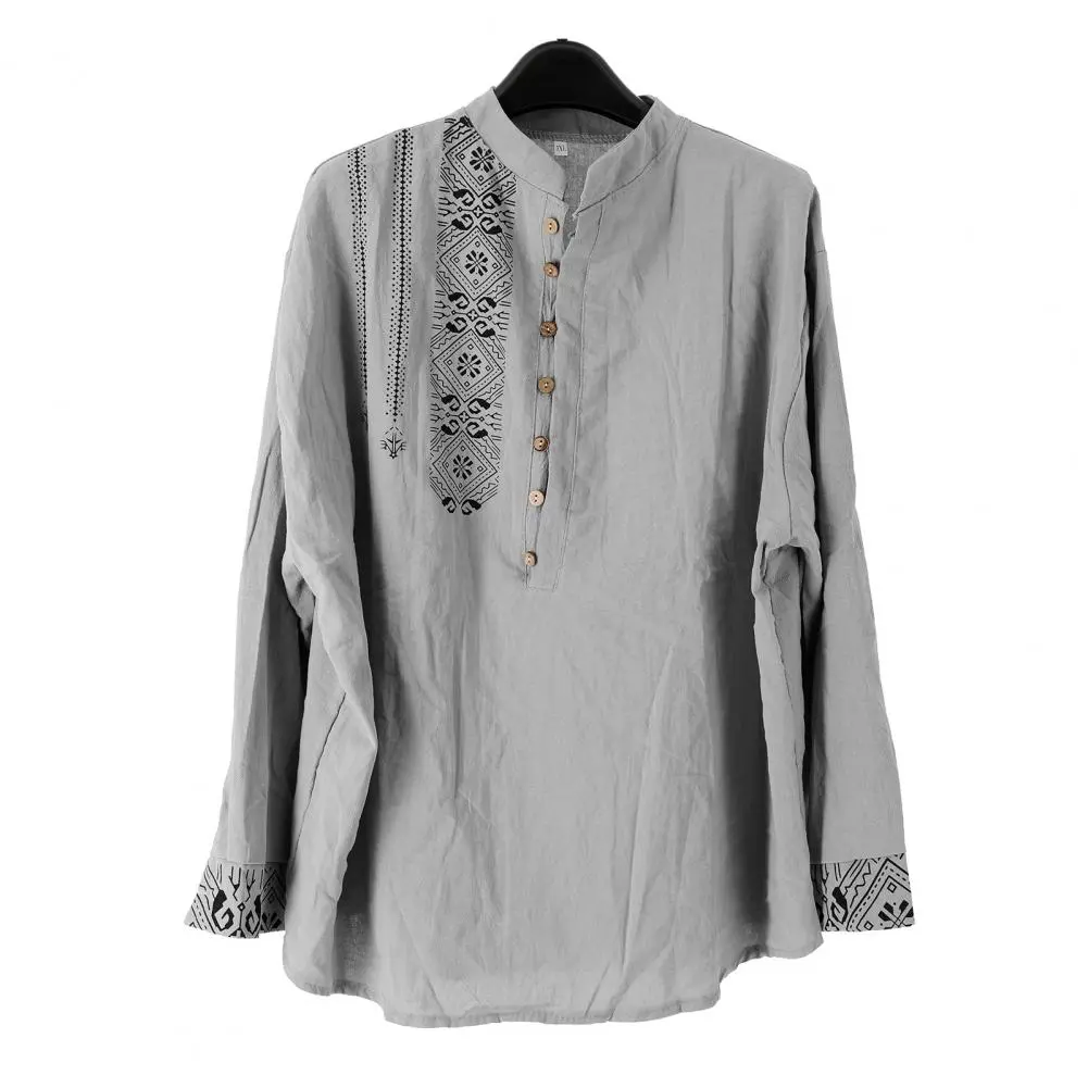 Linen Cotton Shirt For Men Retro Cotton And Linen Ethnic Style Printing Stand Collar Shirt Men Daily Top Loose Pullover Shirt