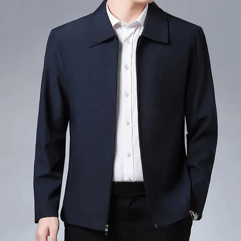 2025 M-3XL Men Jacket Lapel Solid Color Mid-aged Elderly Men Zipper Closure Formal Business Jacket Soft Spring Fall Daily Coat