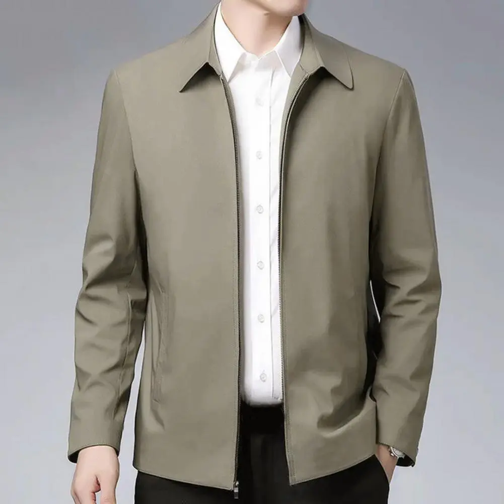 2025 M-3XL Men Jacket Lapel Solid Color Mid-aged Elderly Men Zipper Closure Formal Business Jacket Soft Spring Fall Daily Coat