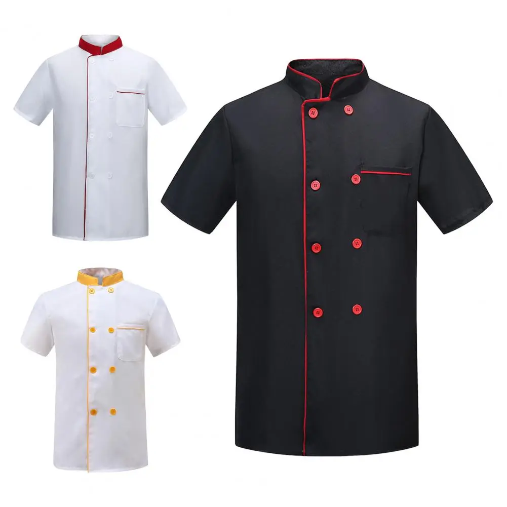 2025 M-3XL Summer Chef Uniform Double-breasted Short Sleeve Unisex Stand Collar Kitchen Bakery Restaurant Canteen Waiter Top