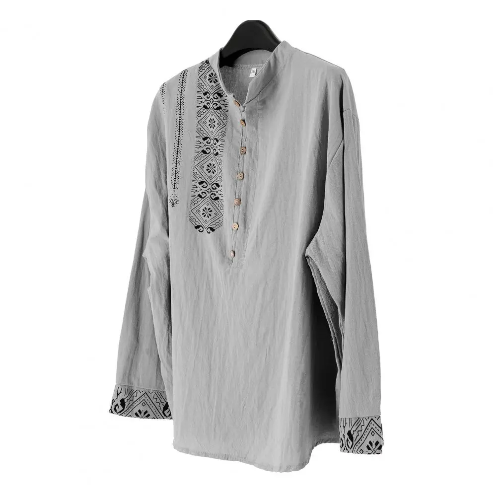 Linen Cotton Shirt For Men Retro Cotton And Linen Ethnic Style Printing Stand Collar Shirt Men Daily Top Loose Pullover Shirt