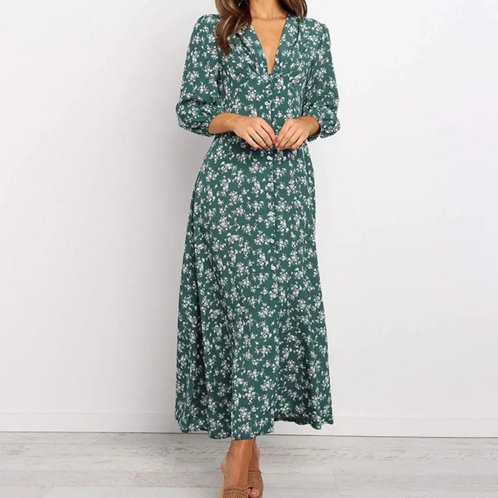 2022 Women Chiffon Long Dress Floral Print Lantern Sleeve A-line Maxi Vestidos Dresses For Women 2022 Flower Print Autumn Dress