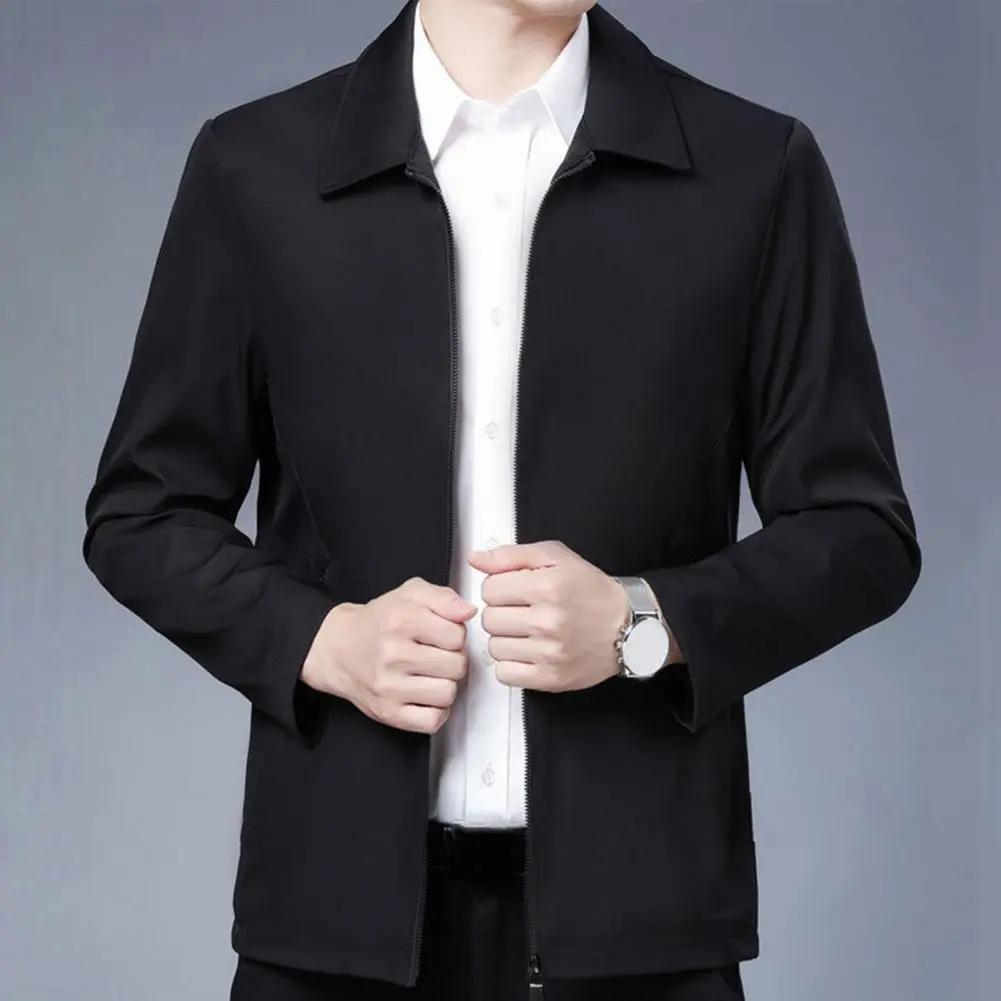 2025 M-3XL Men Jacket Lapel Solid Color Mid-aged Elderly Men Zipper Closure Formal Business Jacket Soft Spring Fall Daily Coat
