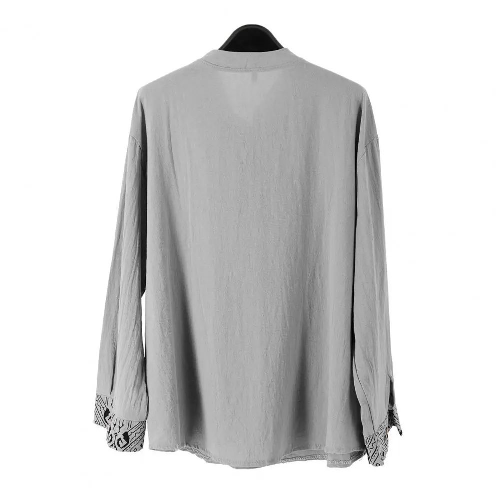 Linen Cotton Shirt For Men Retro Cotton And Linen Ethnic Style Printing Stand Collar Shirt Men Daily Top Loose Pullover Shirt
