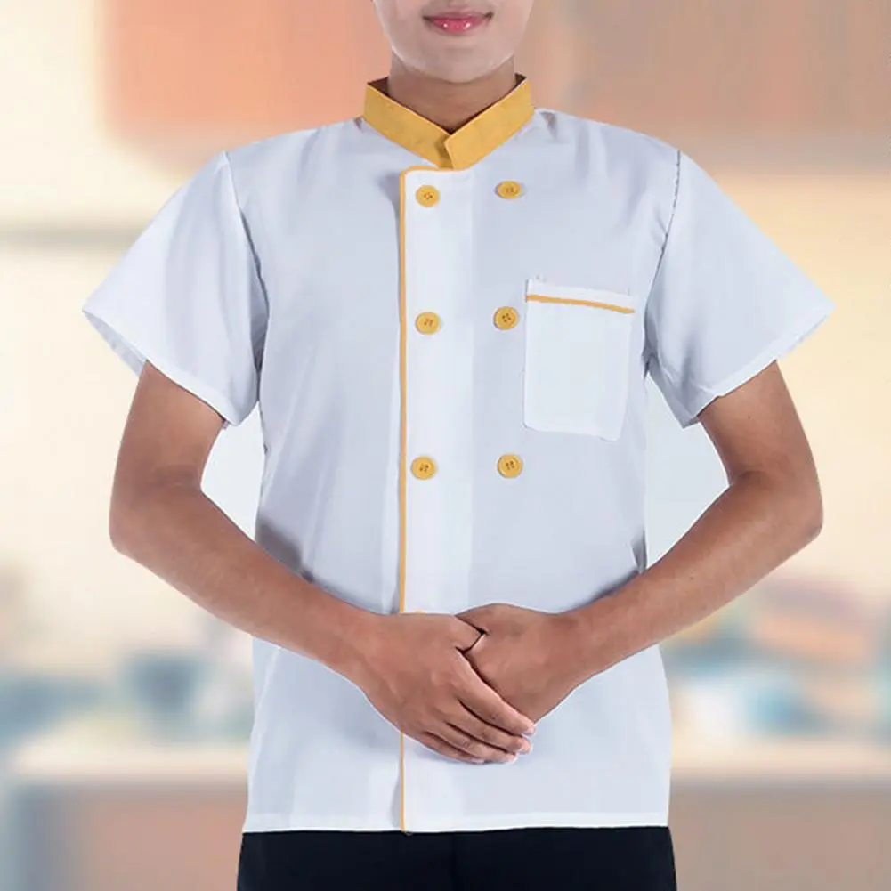 2025 M-3XL Summer Chef Uniform Double-breasted Short Sleeve Unisex Stand Collar Kitchen Bakery Restaurant Canteen Waiter Top
