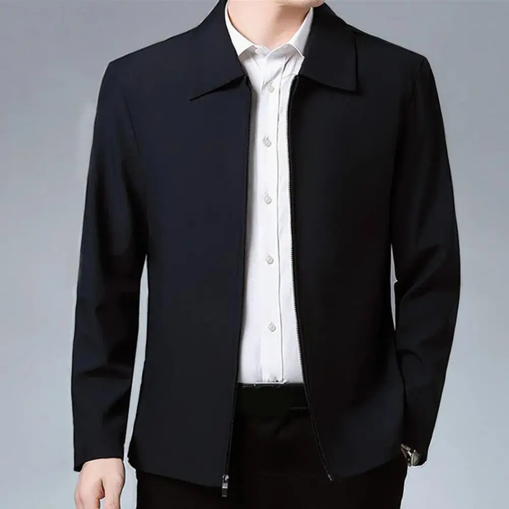 2025 M-3XL Men Jacket Lapel Solid Color Mid-aged Elderly Men Zipper Closure Formal Business Jacket Soft Spring Fall Daily Coat