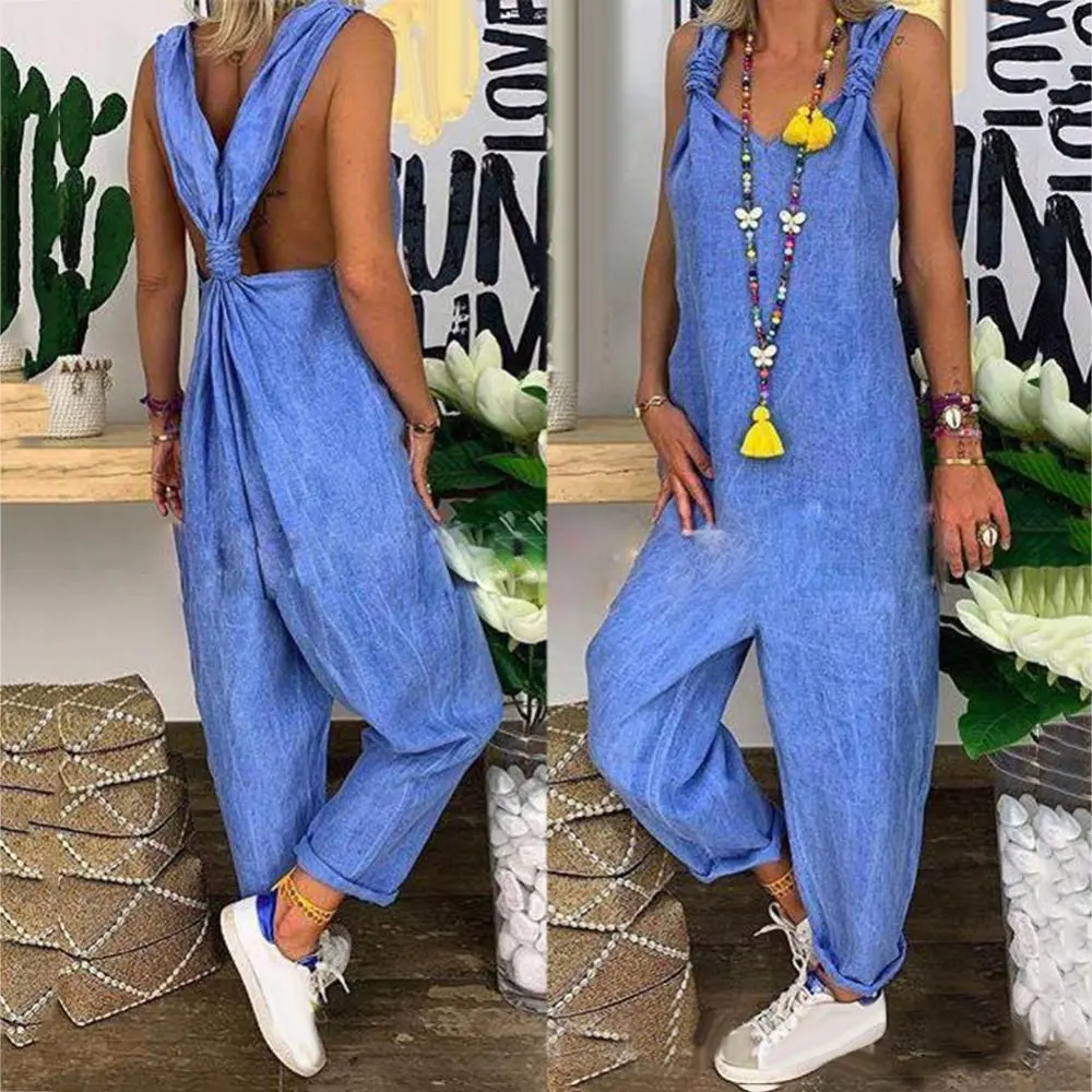 Oversized Women Casual Loose Jumpsuit Wide Leg Overalls Vintage Suspender Rompers Sexy Backless Knotted Jumpsuit Dungarees