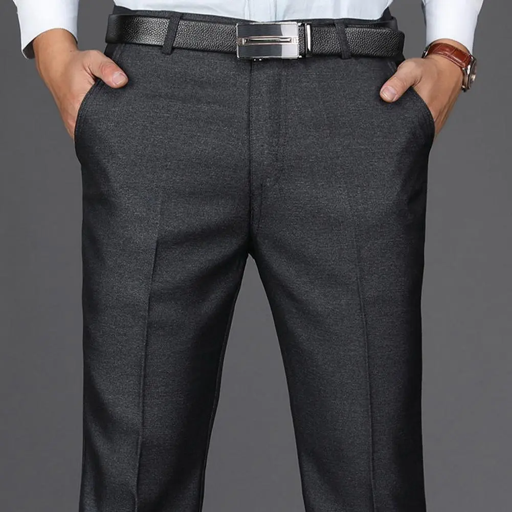 Men Suit Pants High Waist Straight Suit Pants Solid Color Anti-wrinkle Business Men's Trousers Anti-wrinkle Straight Leg Pants