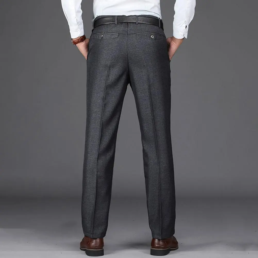 Men Suit Pants High Waist Straight Suit Pants Solid Color Anti-wrinkle Business Men's Trousers Anti-wrinkle Straight Leg Pants