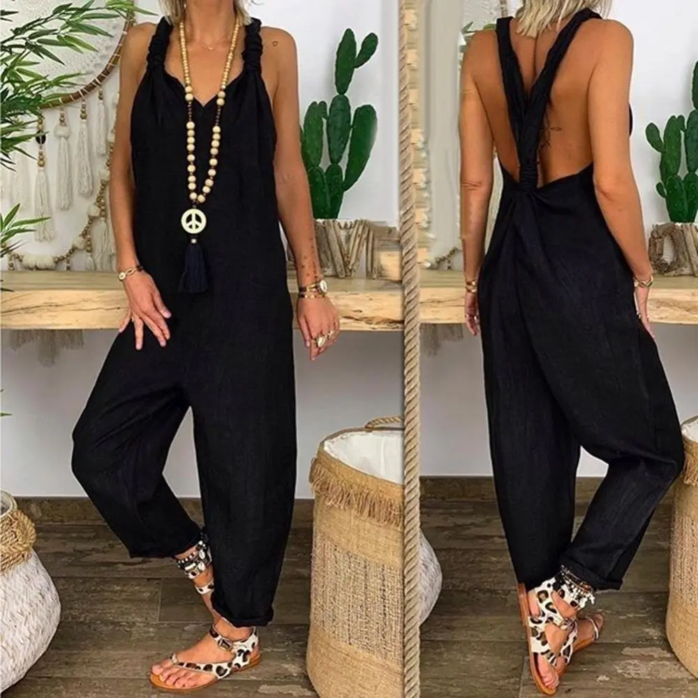 Oversized Women Casual Loose Jumpsuit Wide Leg Overalls Vintage Suspender Rompers Sexy Backless Knotted Jumpsuit Dungarees