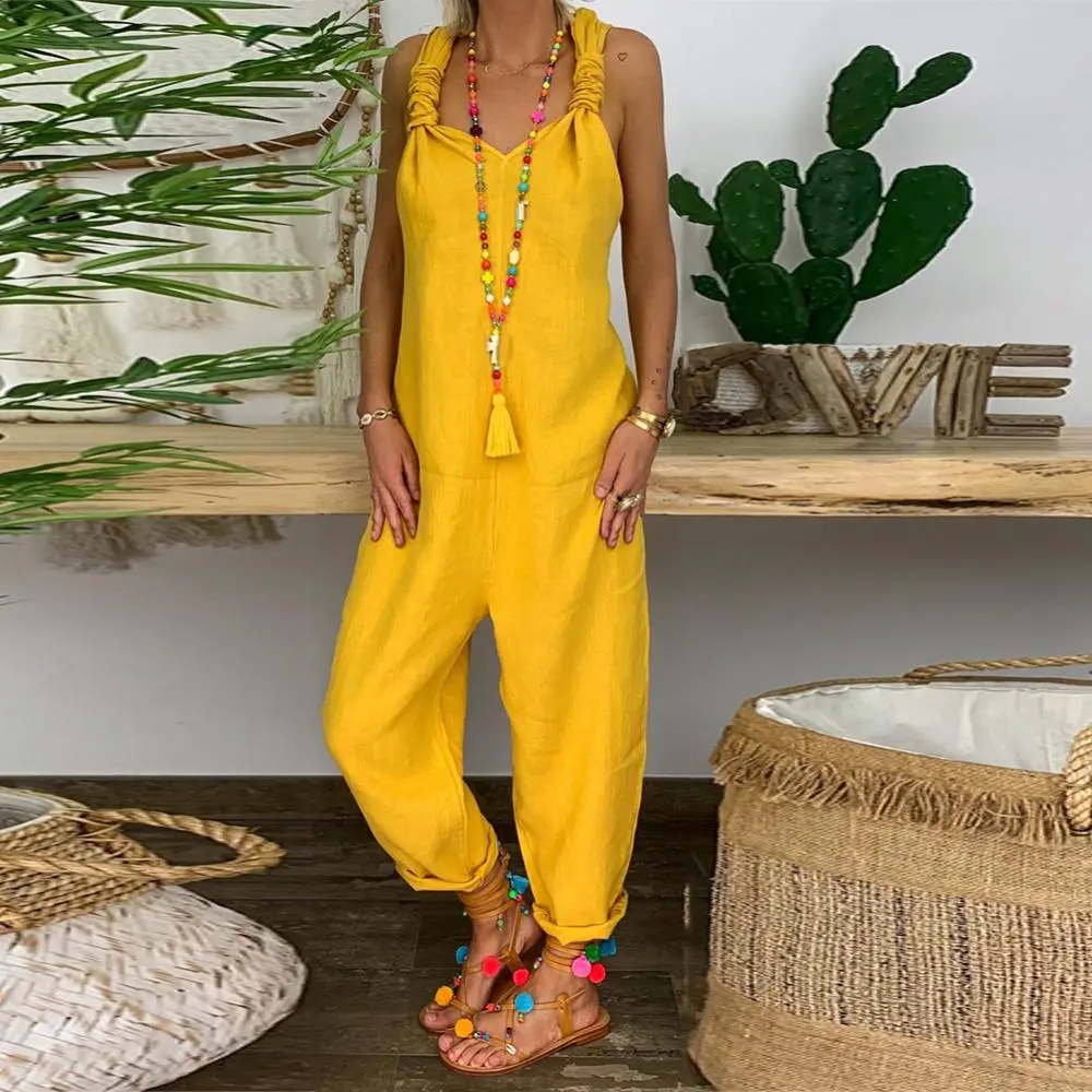 Oversized Women Casual Loose Jumpsuit Wide Leg Overalls Vintage Suspender Rompers Sexy Backless Knotted Jumpsuit Dungarees