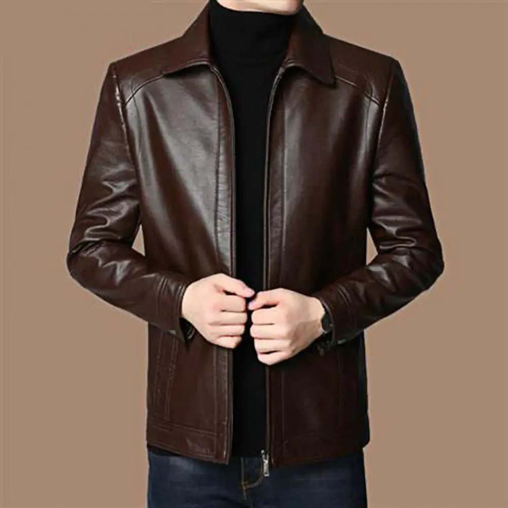 Men Fashion Leather Jacket Slim Fit Lapel Motorcycle Jacket Zip Closure Cardigan Coat Men Leather Jacket Trend Casual Jackets