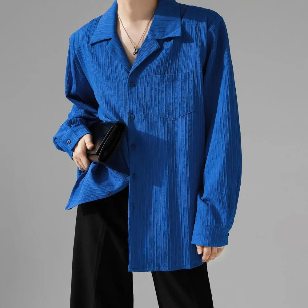 Men Long-sleeve Shirt Striped Texture Shirt Men's Cuban Collar Long Sleeve Shirt Striped Textured Button-down for Daily Wear