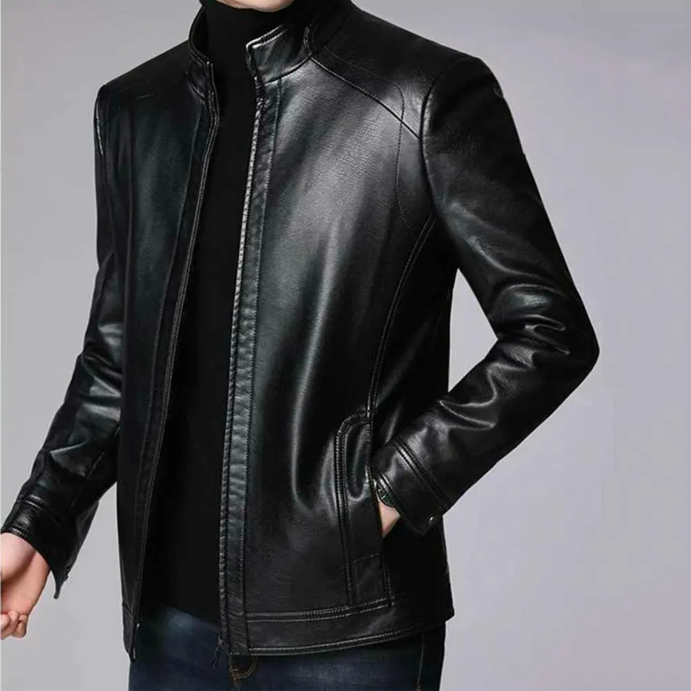 Men Fashion Leather Jacket Slim Fit Lapel Motorcycle Jacket Zip Closure Cardigan Coat Men Leather Jacket Trend Casual Jackets