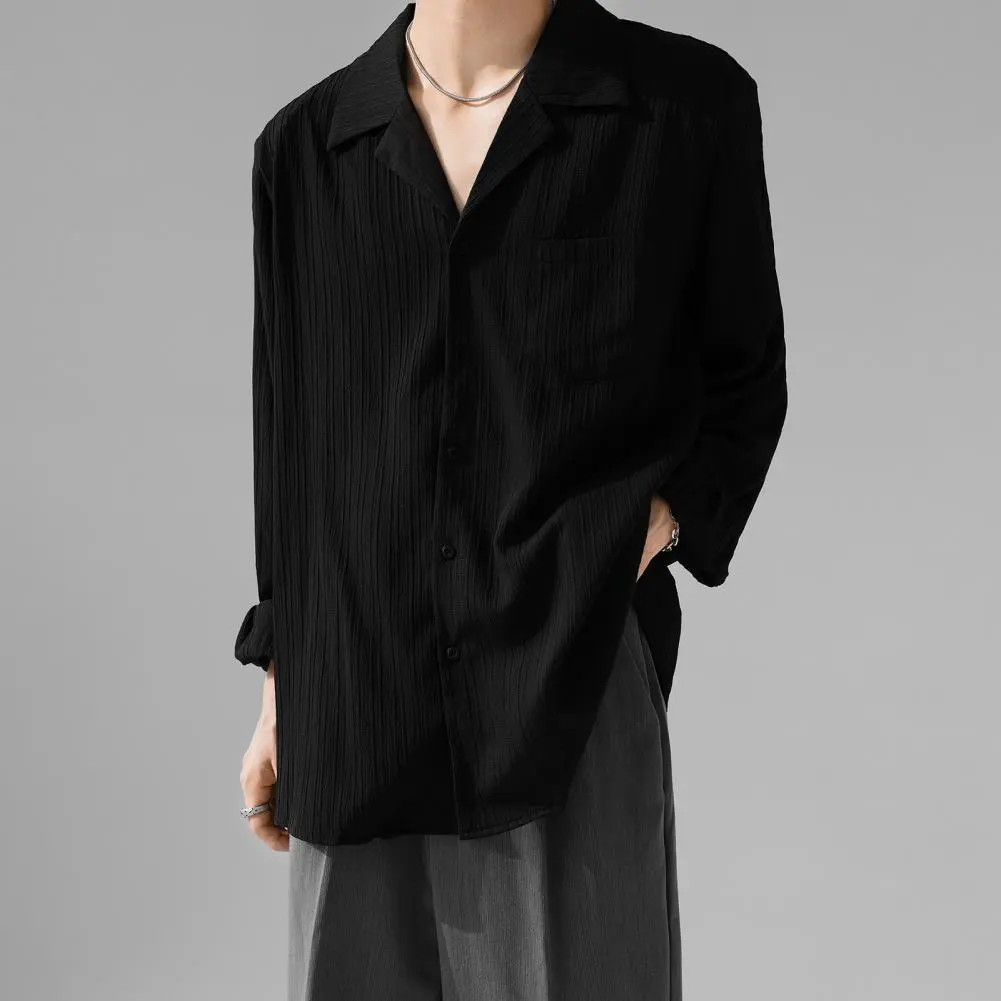 Men Long-sleeve Shirt Striped Texture Shirt Men's Cuban Collar Long Sleeve Shirt Striped Textured Button-down for Daily Wear