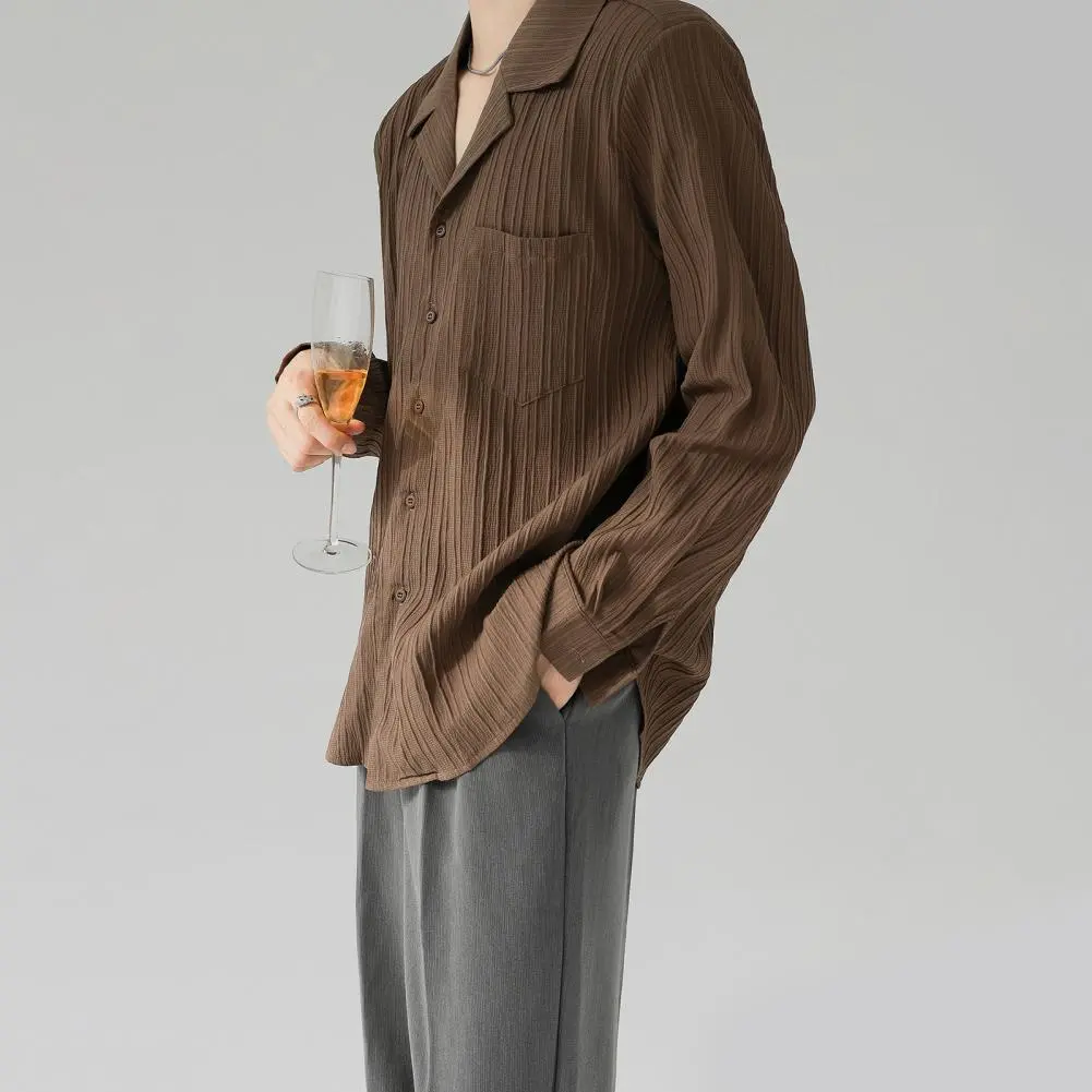Men Long-sleeve Shirt Striped Texture Shirt Men's Cuban Collar Long Sleeve Shirt Striped Textured Button-down for Daily Wear
