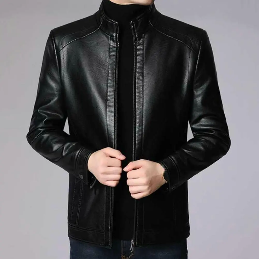 Men Fashion Leather Jacket Slim Fit Lapel Motorcycle Jacket Zip Closure Cardigan Coat Men Leather Jacket Trend Casual Jackets