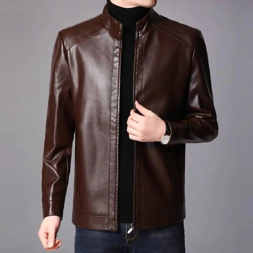 Men Fashion Leather Jacket Slim Fit Lapel Motorcycle Jacket Zip Closure Cardigan Coat Men Leather Jacket Trend Casual Jackets