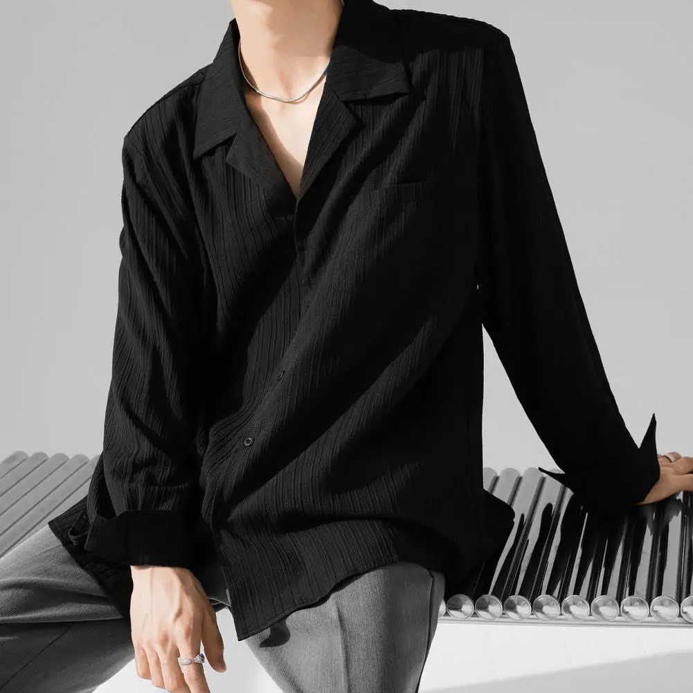 Men Long-sleeve Shirt Striped Texture Shirt Men's Cuban Collar Long Sleeve Shirt Striped Textured Button-down for Daily Wear