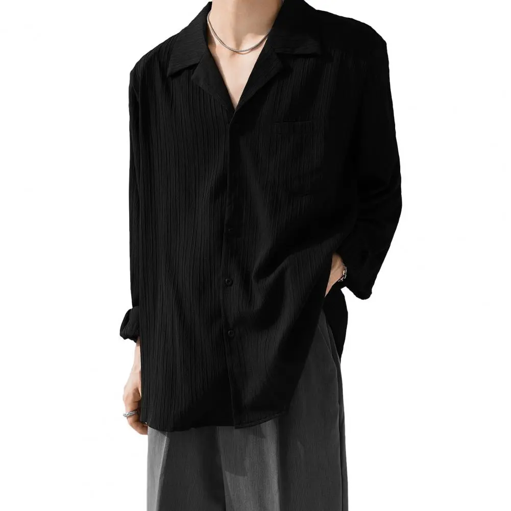 Men Long-sleeve Shirt Striped Texture Shirt Men's Cuban Collar Long Sleeve Shirt Striped Textured Button-down for Daily Wear