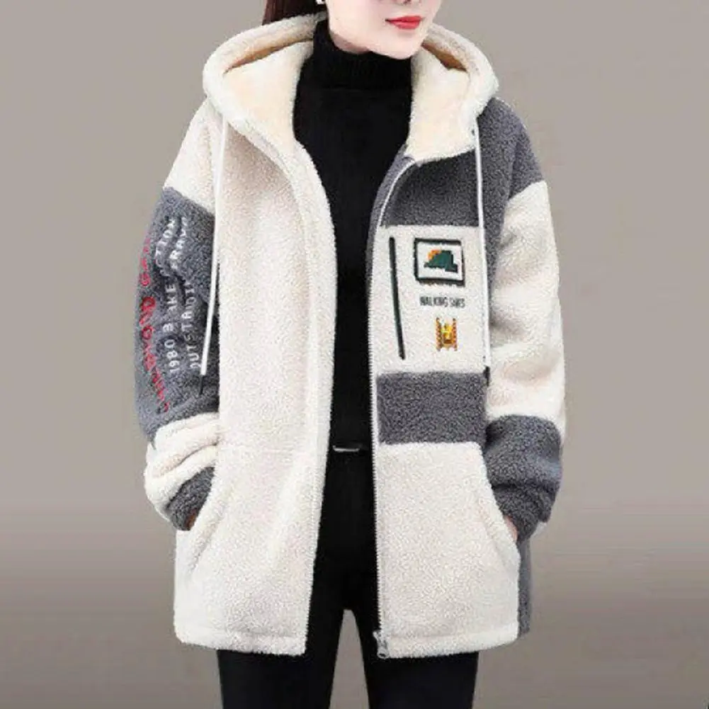 Women Winter Jacket Colorblock Hooded Thick Plush Letter Embroidery Drawstring Mid Length Coat Women Thermal Jacket Outerwear