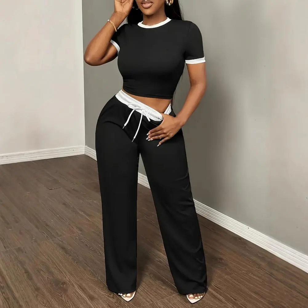 Two Piece Set Black White Color Block Curve-flattering Round Neck Top Trousers Set Stylish Women's Summer Crop Top for Women