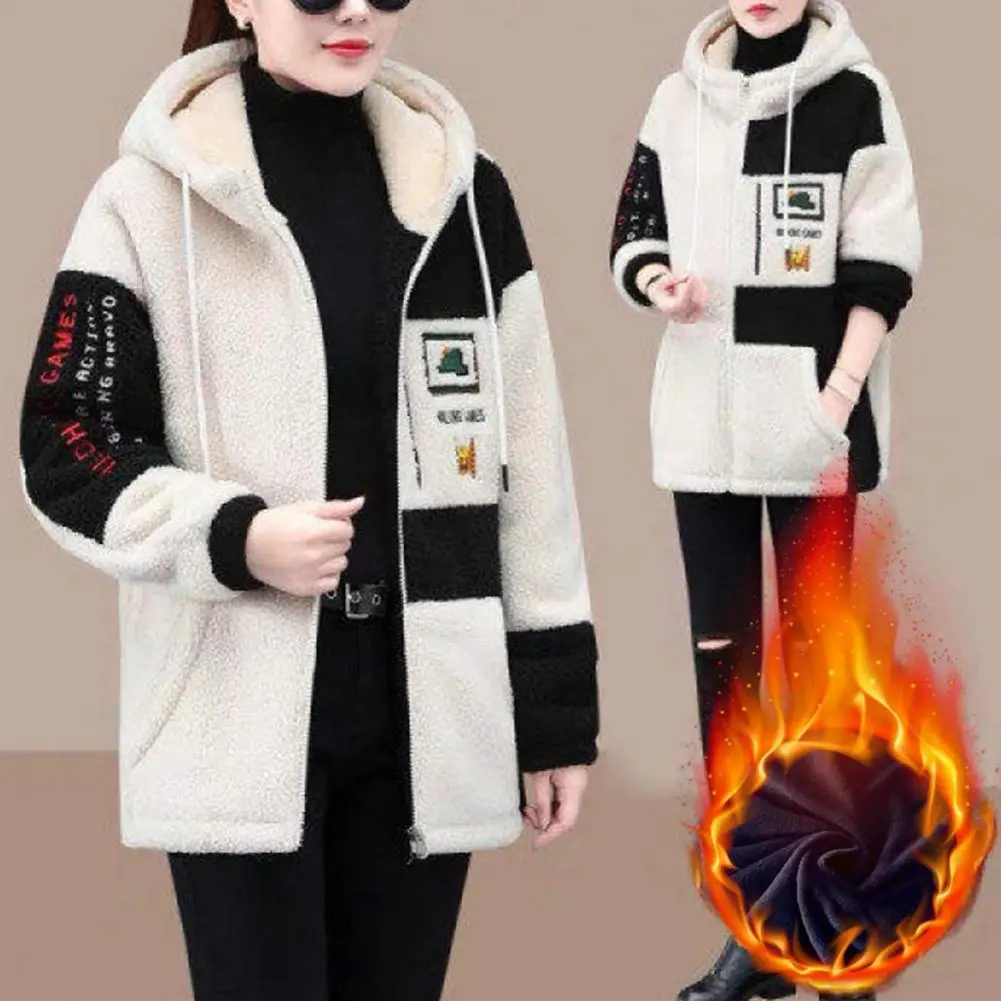 Women Winter Jacket Colorblock Hooded Thick Plush Letter Embroidery Drawstring Mid Length Coat Women Thermal Jacket Outerwear