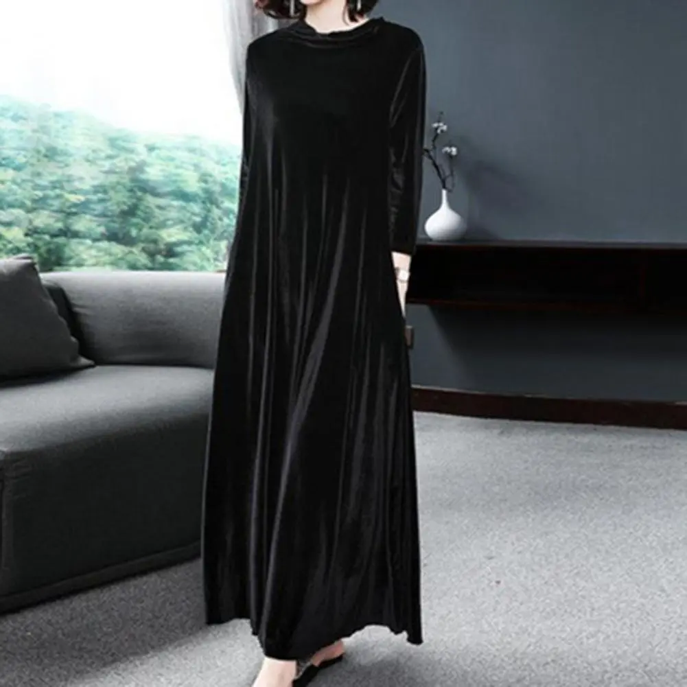 Pile Collar Velvet Long Women Dress Pleated Autumn Women Pure Color Maxi Velvet Dress A-Line Large Hem Pure Color Autumn Dress