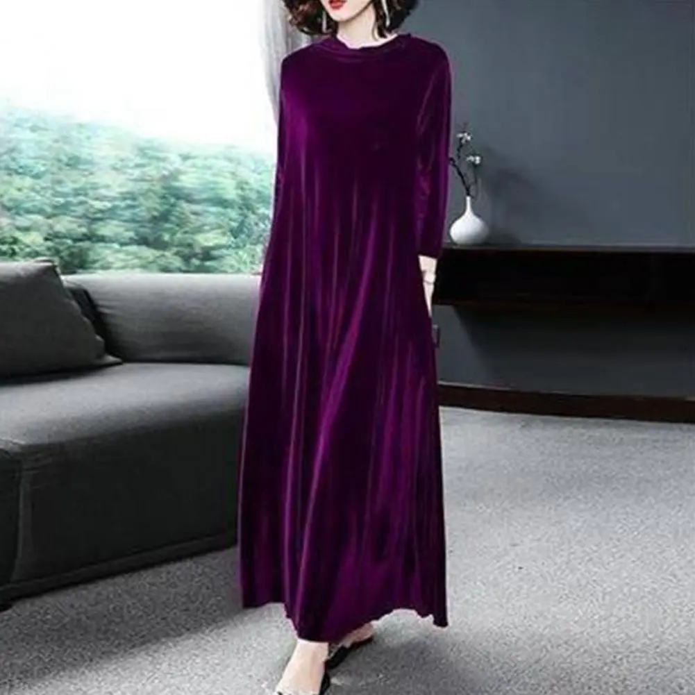 Pile Collar Velvet Long Women Dress Pleated Autumn Women Pure Color Maxi Velvet Dress A-Line Large Hem Pure Color Autumn Dress