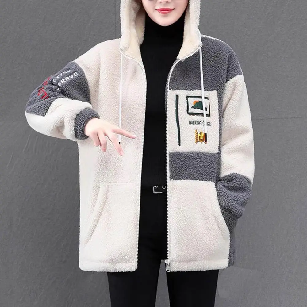 Women Winter Jacket Colorblock Hooded Thick Plush Letter Embroidery Drawstring Mid Length Coat Women Thermal Jacket Outerwear