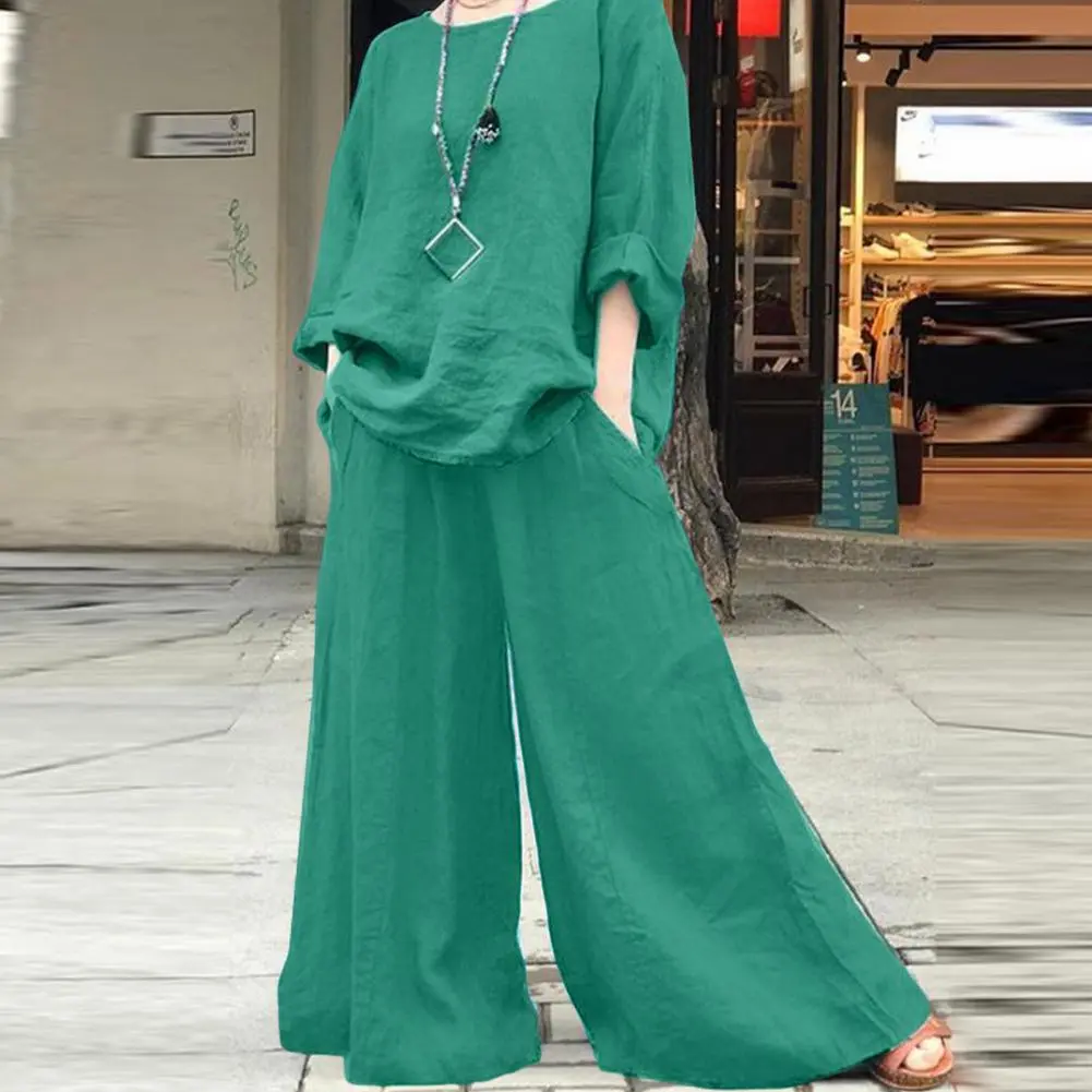 Women's Summer Fashion Linen Solid Color Shirt Set Long Sleeve Loose T-shirt Wide Leg Pants Casual Two-piece Set Commuter Suit