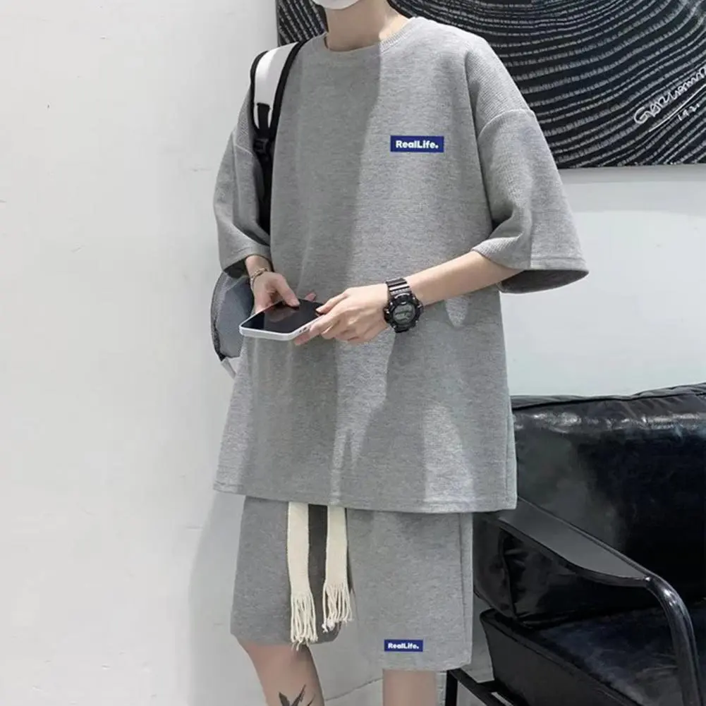 Elastic Waist Shorts Set Solid Color Men Set Men's Summer Casual Tracksuit Shorts Set with Waffle Texture Fabric for Versatile