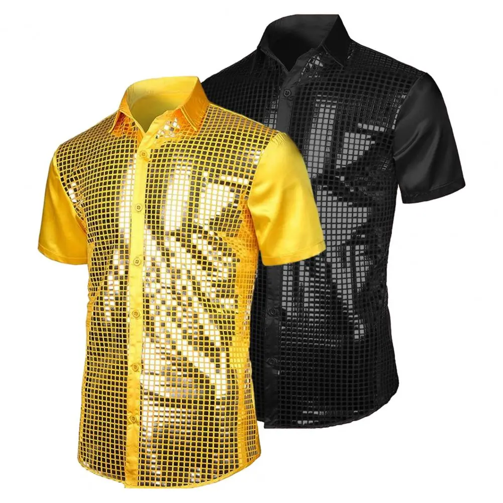 2025 S-2XL Men Performance Shirt Shiny Surface Men Shirt Long Sleeves Buttons Satin Club Party 70s Disco Stage Show Shirt