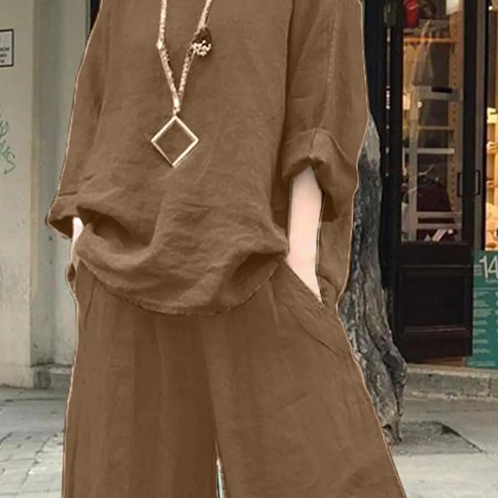 Women's Summer Fashion Linen Solid Color Shirt Set Long Sleeve Loose T-shirt Wide Leg Pants Casual Two-piece Set Commuter Suit
