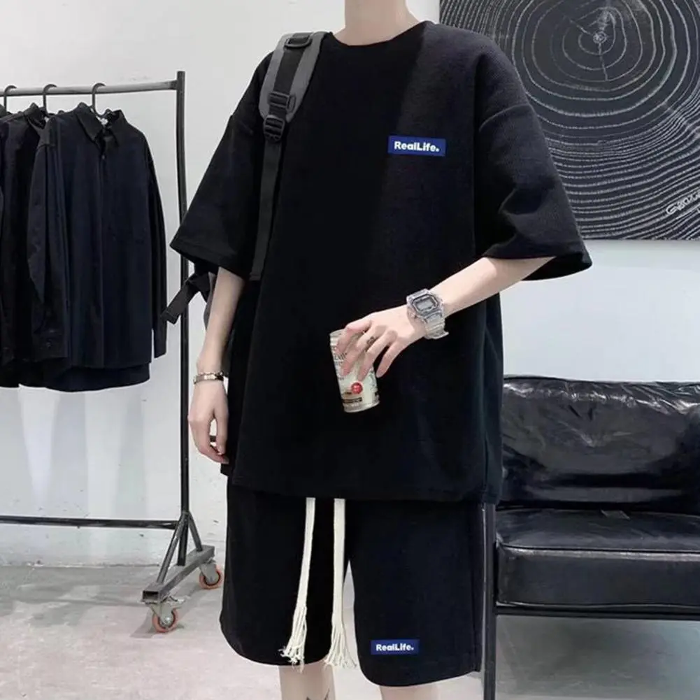 Elastic Waist Shorts Set Solid Color Men Set Men's Summer Casual Tracksuit Shorts Set with Waffle Texture Fabric for Versatile