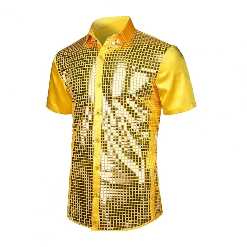2025 S-2XL Men Performance Shirt Shiny Surface Men Shirt Long Sleeves Buttons Satin Club Party 70s Disco Stage Show Shirt