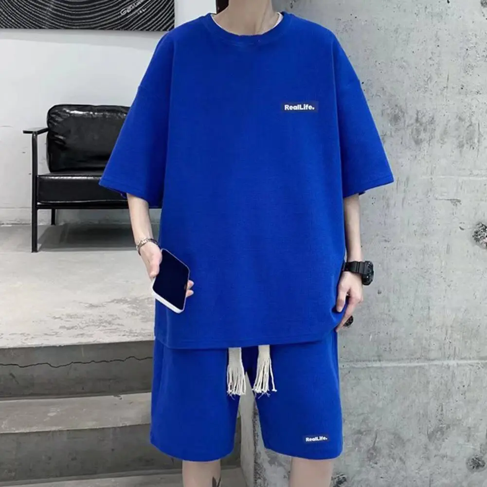 Elastic Waist Shorts Set Solid Color Men Set Men's Summer Casual Tracksuit Shorts Set with Waffle Texture Fabric for Versatile