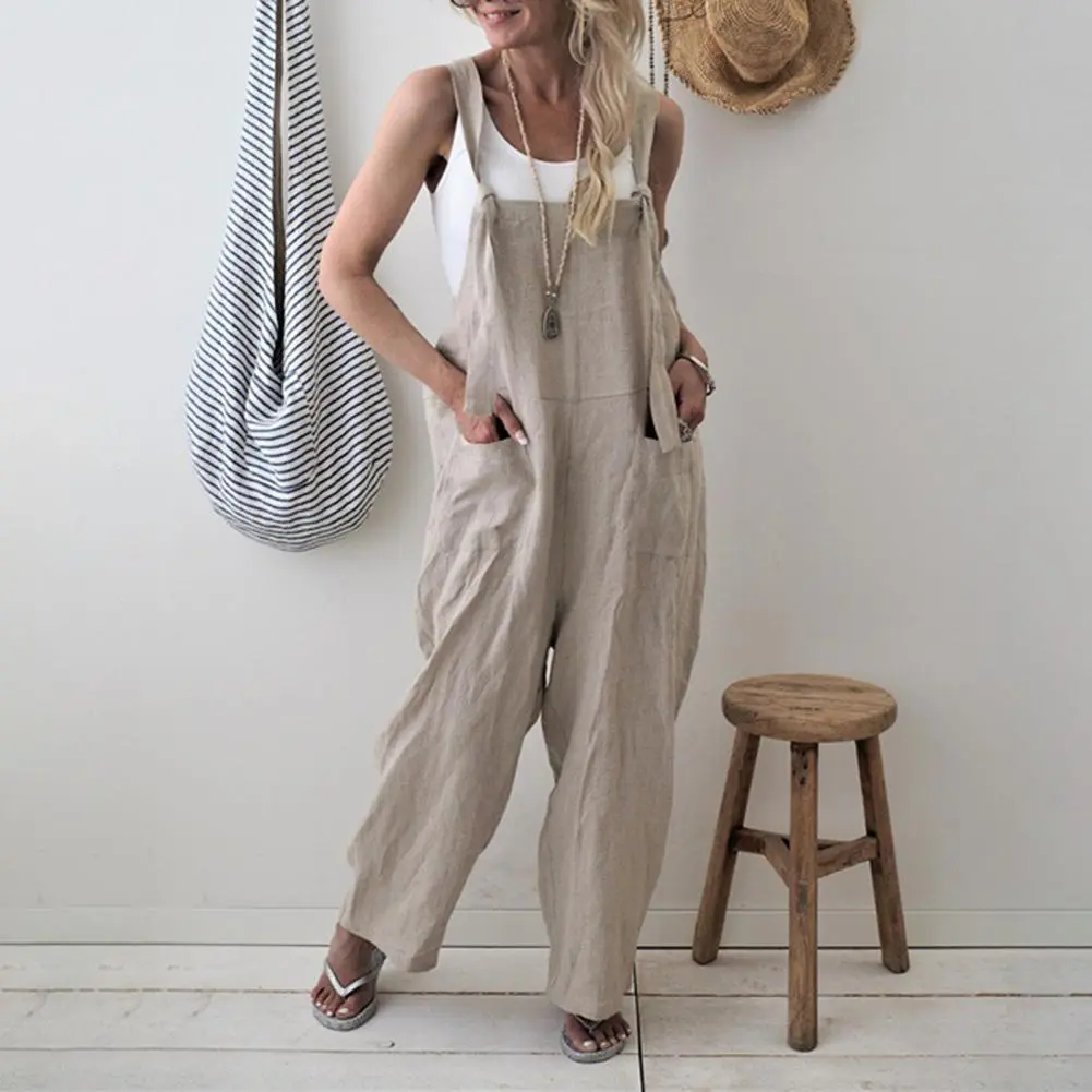 Cotton Linen Women Romper Solid Summer Sleeveless Backless Overalls Wide Leg Loose Women Casual Rompers with Pockets Playsuit