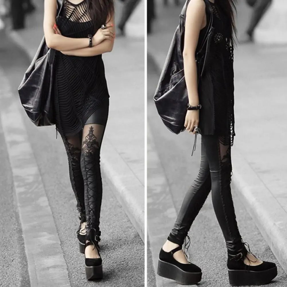 Sexy Faux Leather High Waist Lace Leggings Vintage Gothic See-through Embroidery Lace Pants Hip Lifting Sheer Mesh Skinny Pants