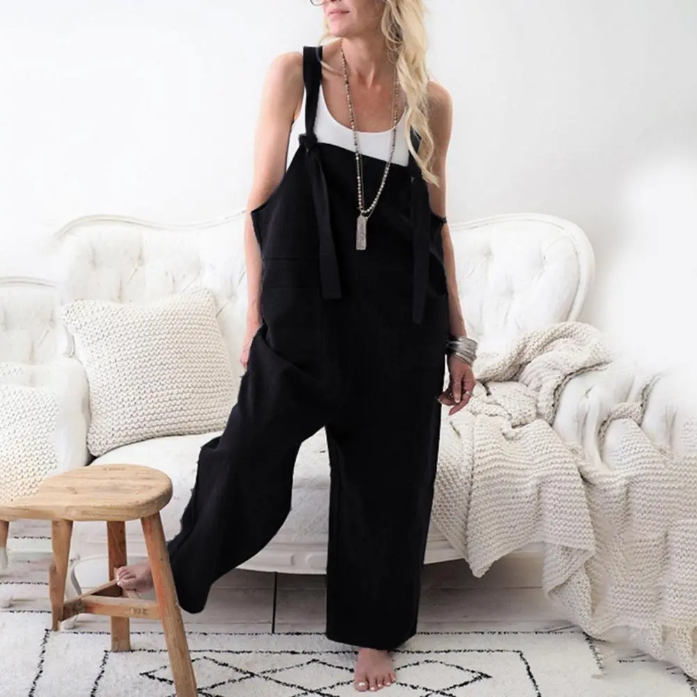 Cotton Linen Women Romper Solid Summer Sleeveless Backless Overalls Wide Leg Loose Women Casual Rompers with Pockets Playsuit