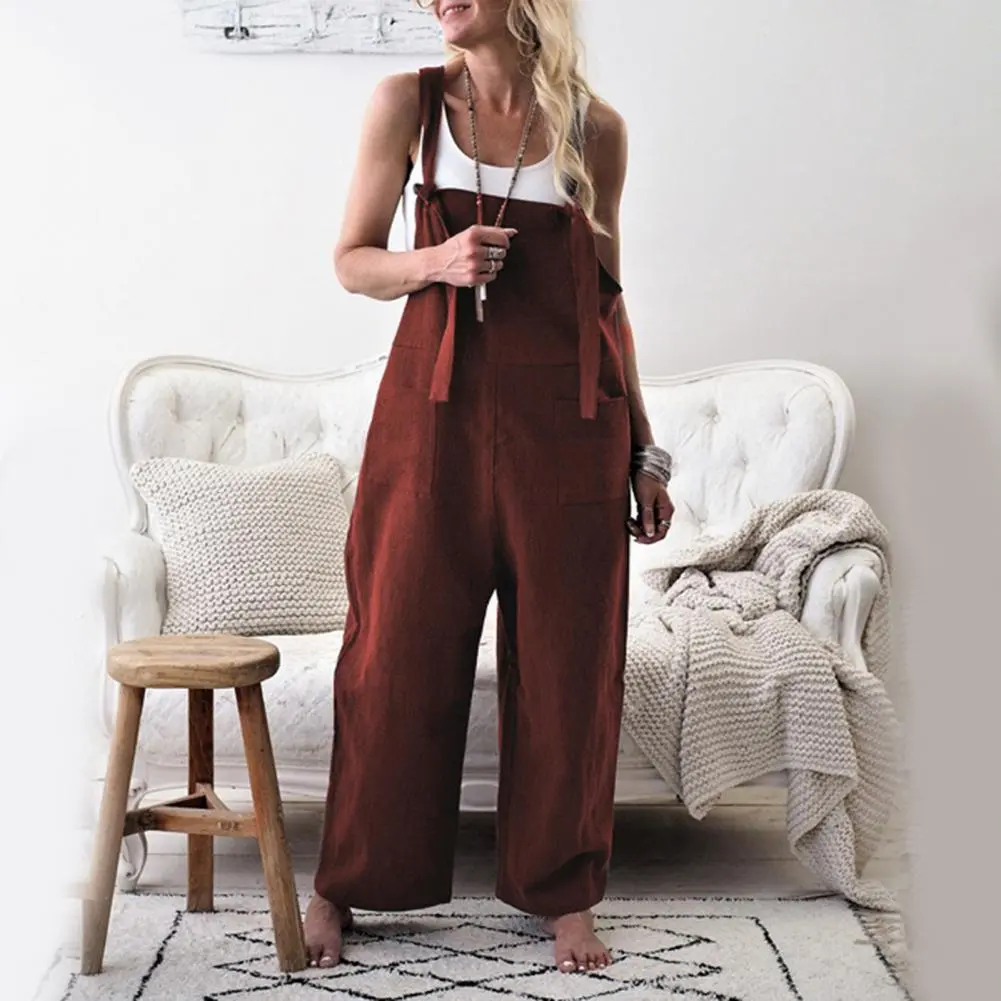 Cotton Linen Women Romper Solid Summer Sleeveless Backless Overalls Wide Leg Loose Women Casual Rompers with Pockets Playsuit