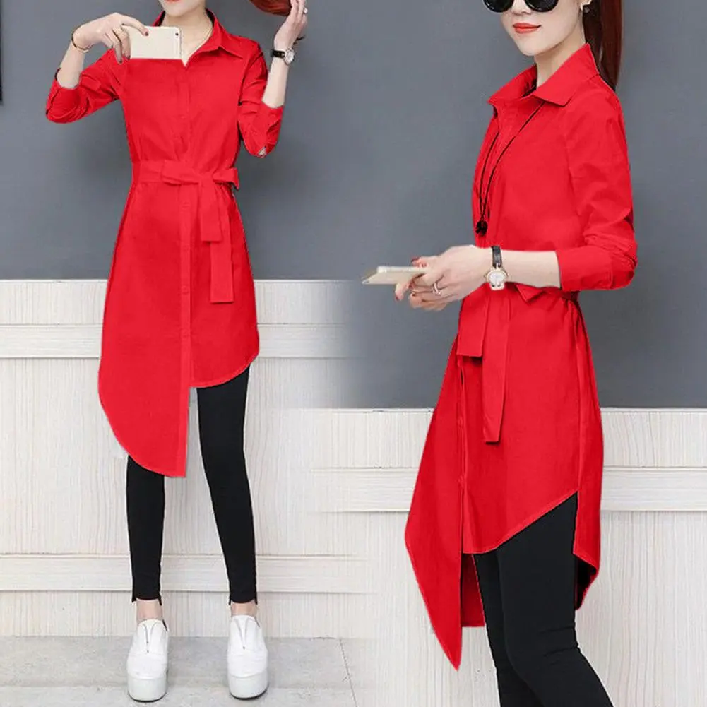 Women Shirt Dress Irregular Hem Tied Belts Slim Fit Long Type Women Shirt Top Commute Mild-length Long Sleeve Spring Shirts