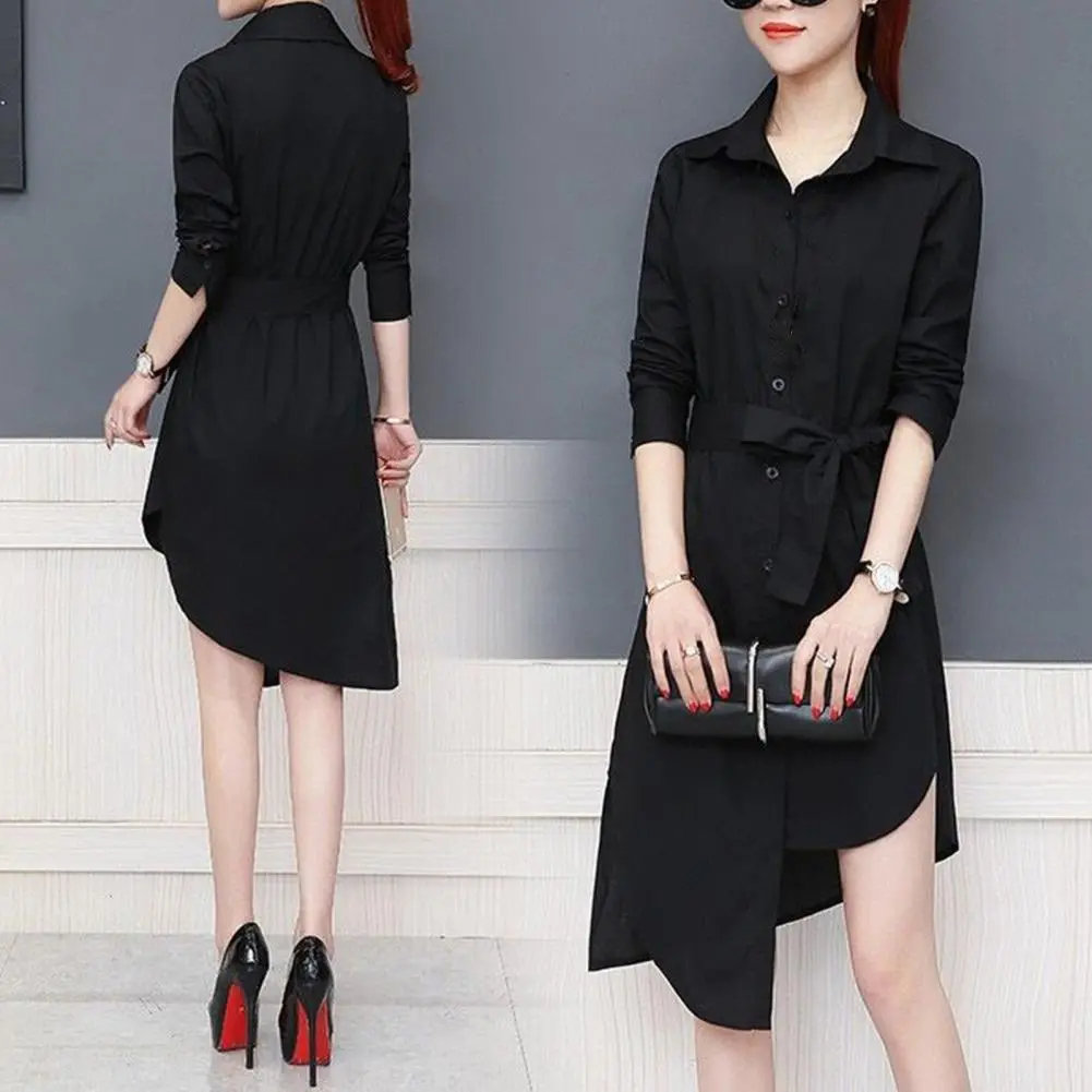 Women Shirt Dress Irregular Hem Tied Belts Slim Fit Long Type Women Shirt Top Commute Mild-length Long Sleeve Spring Shirts