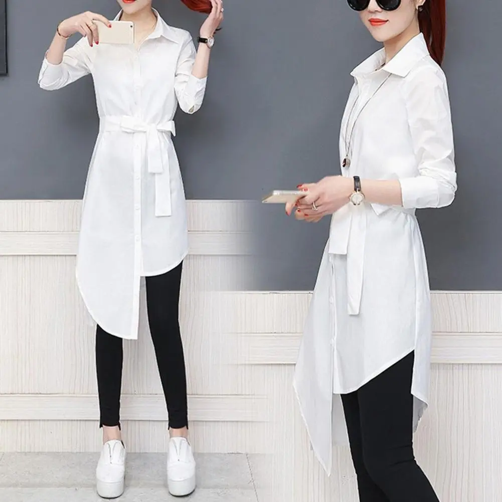 Women Shirt Dress Irregular Hem Tied Belts Slim Fit Long Type Women Shirt Top Commute Mild-length Long Sleeve Spring Shirts