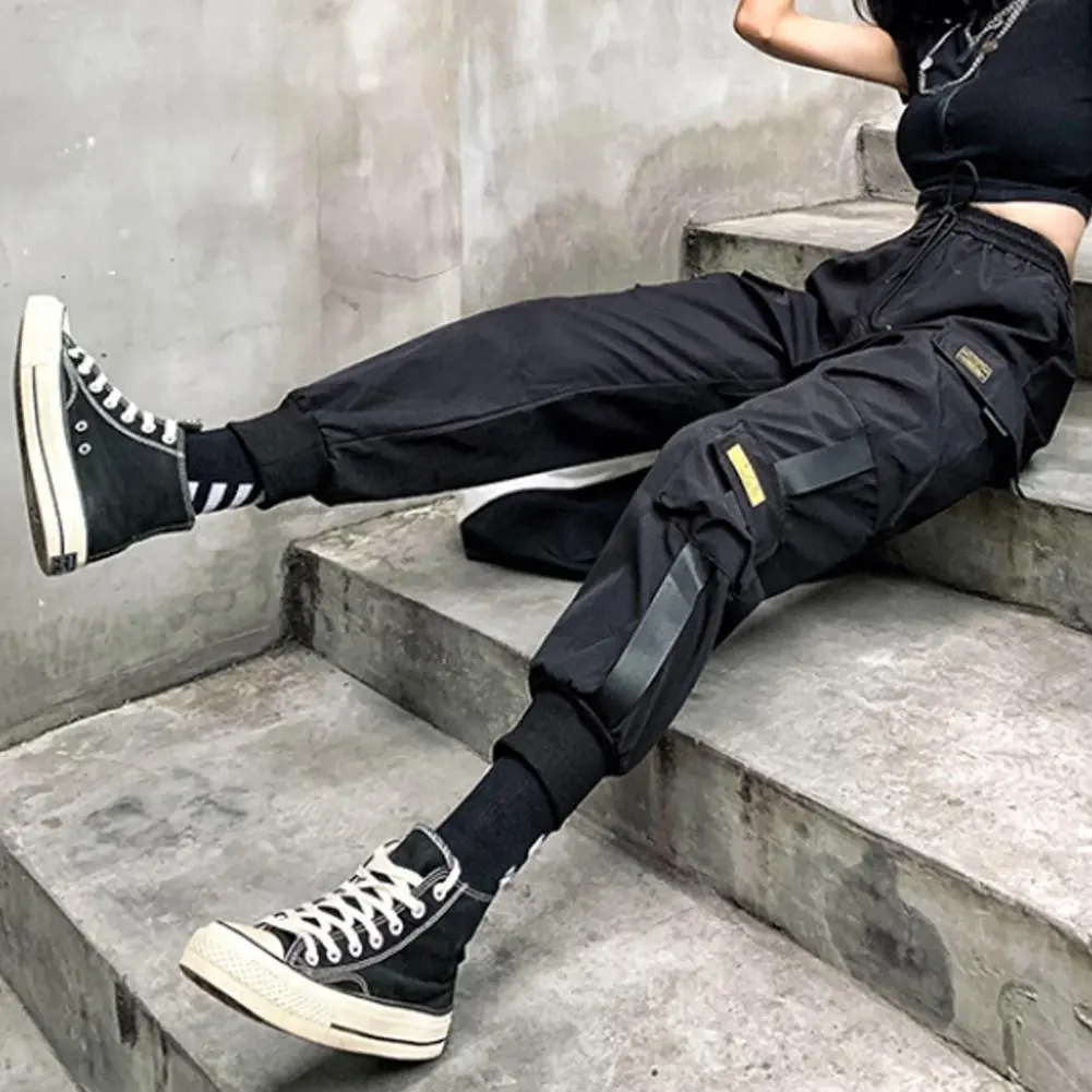 Women Cargo Pants Multi Pockets Loose Elastic Waist Casual Lady Trousers Hip-hop Style Ankle-banded Drawstring Deep Crotch Pants
