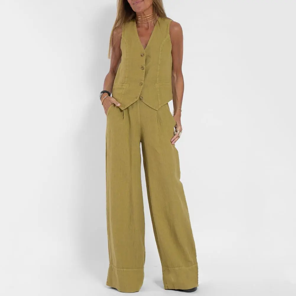 Summer Cotton Linen Two Piece Set Women Suit 2023 Sleeveless Tank Top High Waist Wide Pants Set Ladies' Business Casual Suit