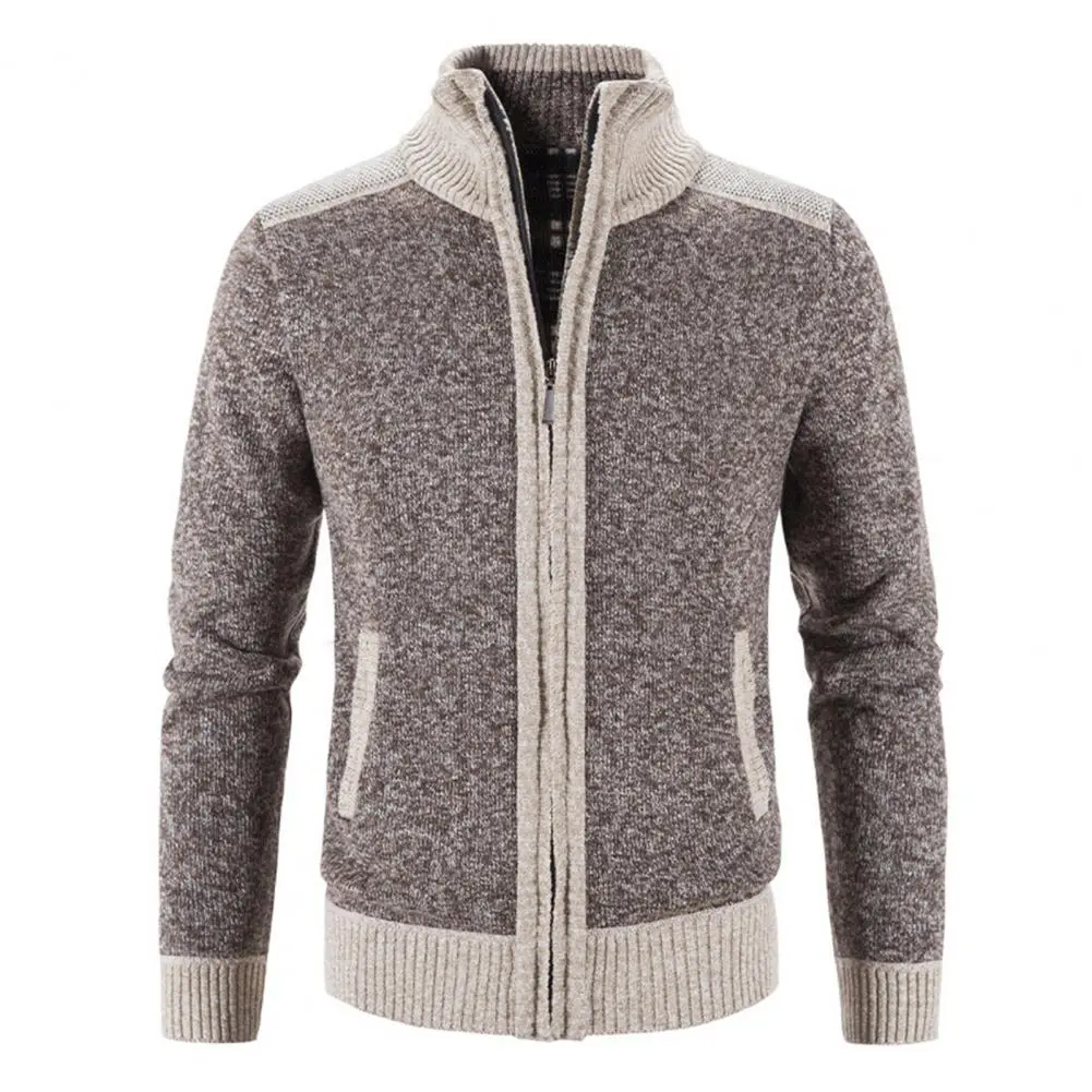 Men Knitted Cardigan Autumn Winter Spliced Color Stand Up Collar Pocket Sweater Thick Velvet Warm Knit Sweater Cardigan Jacket