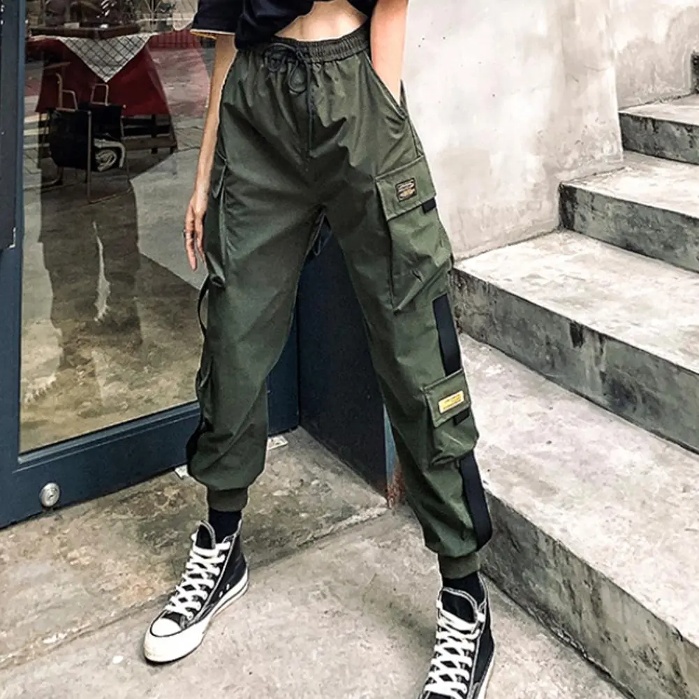 Women Cargo Pants Multi Pockets Loose Elastic Waist Casual Lady Trousers Hip-hop Style Ankle-banded Drawstring Deep Crotch Pants